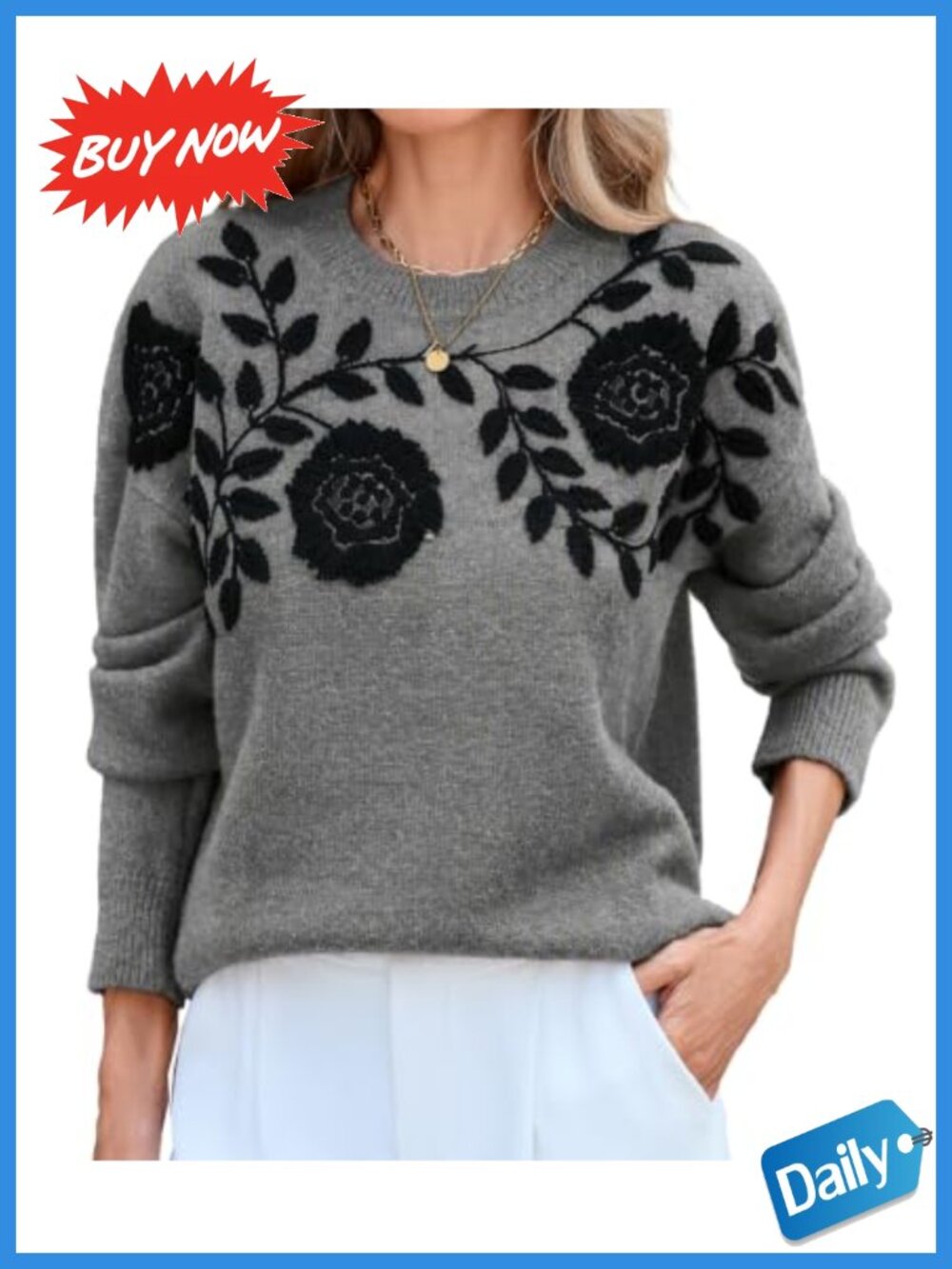 Womens Crew Neck Floral Embroidery Sweater Boho Fall Pullover